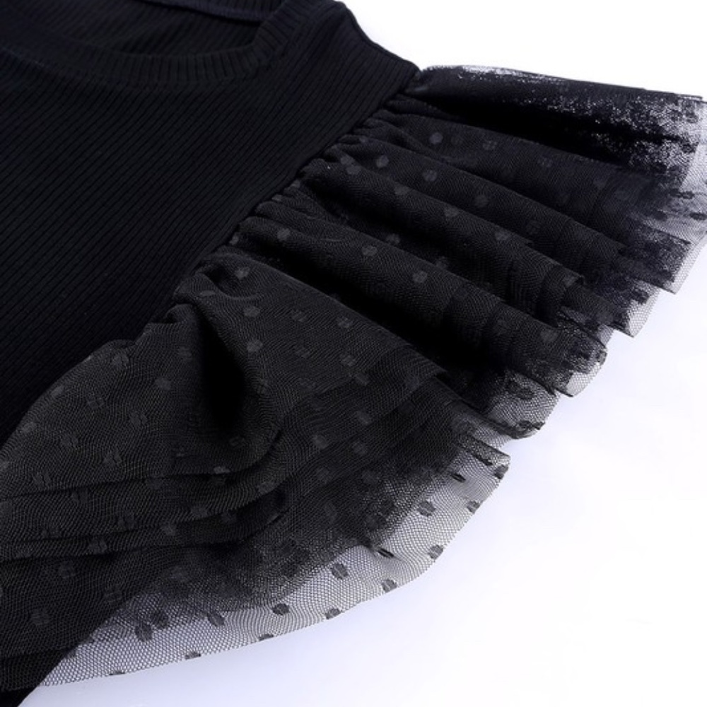 09 Swiss Dot Black Mesh Ruffle Sleeve Fitted Top - Picture 5 of 9